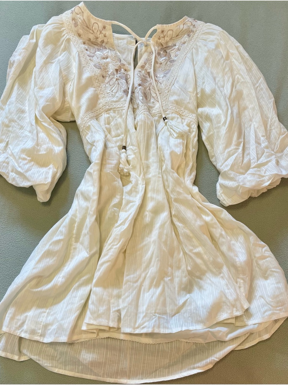 Anthropologie Cream Embroidered Puff-Sleeve Tunic